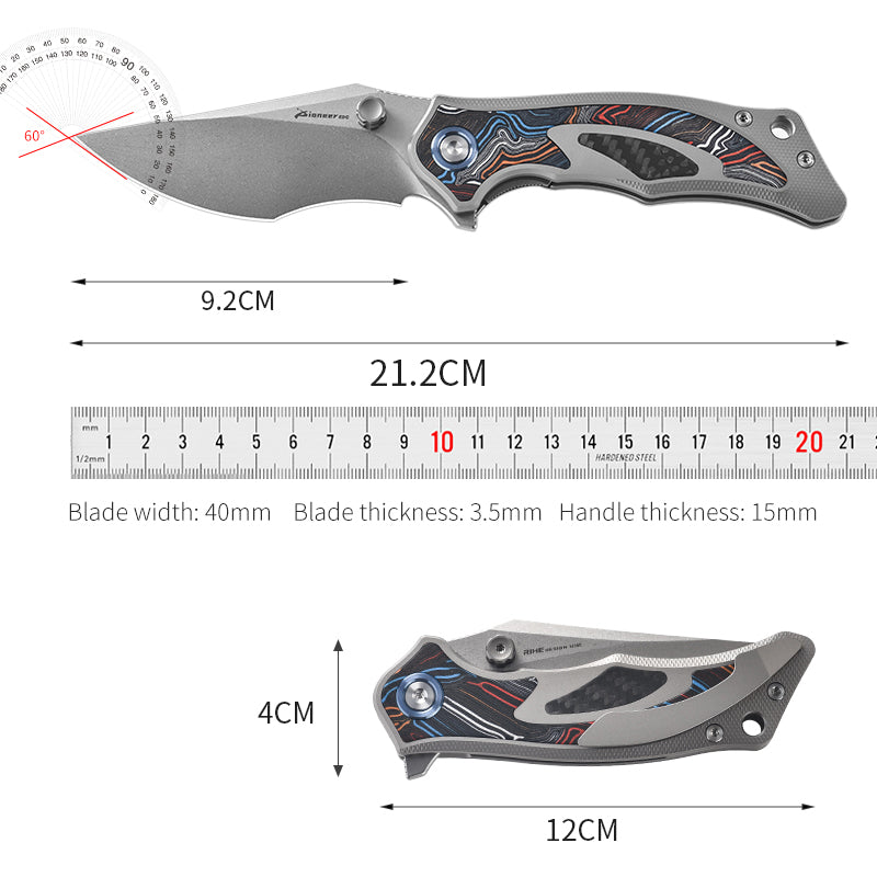 PioneerEDC Luxury Damascus G10 Patten Titanium Pocket Knife Hand Forged Finish Blade Titanium Tactical Knife for Camping