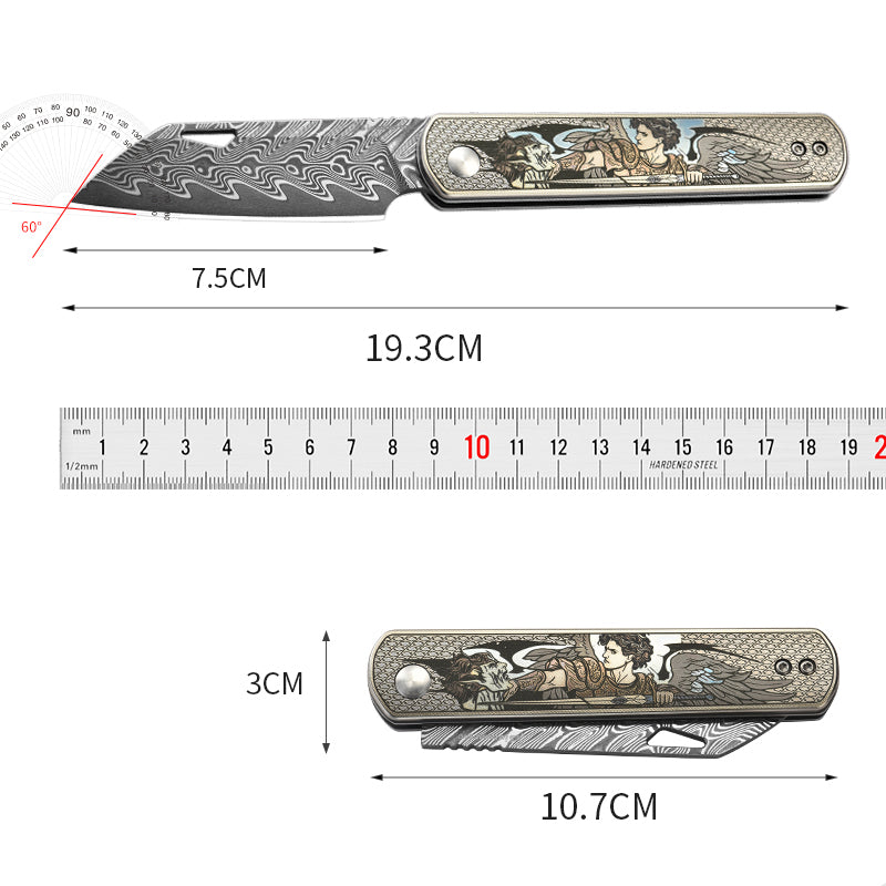 PioneerEDC Folding Knife TC4 Titanium Alloy Damascus Steel Knife Colorful Carving Portable Outdoor Folding Titanium Knives China