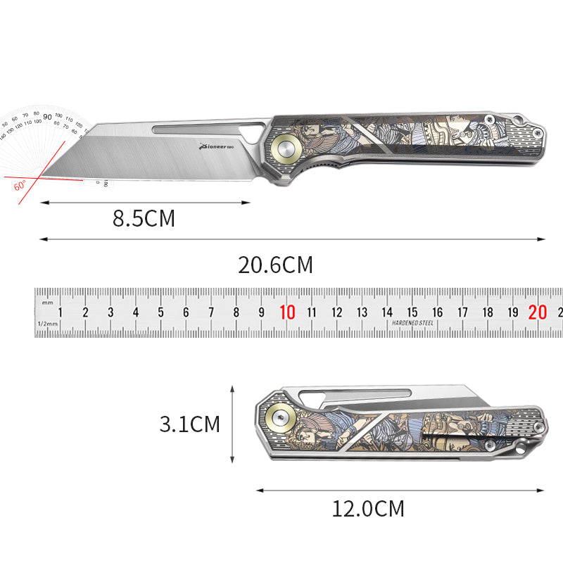 PioneerEDC 2026 Original Design Titanium Pocket Knife Straight Back Titanium Edc Folding Knife D2 Premium Titanium Blue Knife
