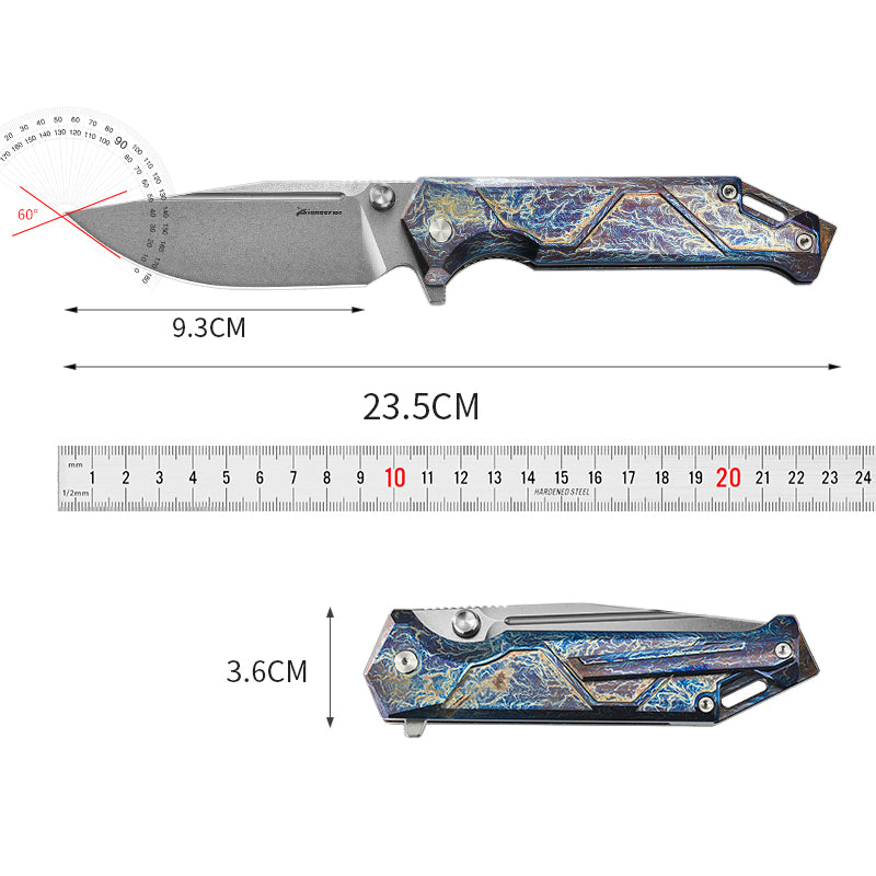 PioneerEDC Titanium Camping Stainless Pocket Knife Premium Folding Knife Plain Edge Self-Defense D2 Steel Folding Knife for Man