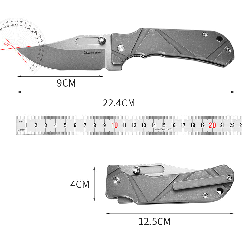 PioneerEDC Folding Knife Gr5 Titanium Handle 2026 Titanium Pocket Knife D2 Steel Blade Carving Titanium Professional Knife