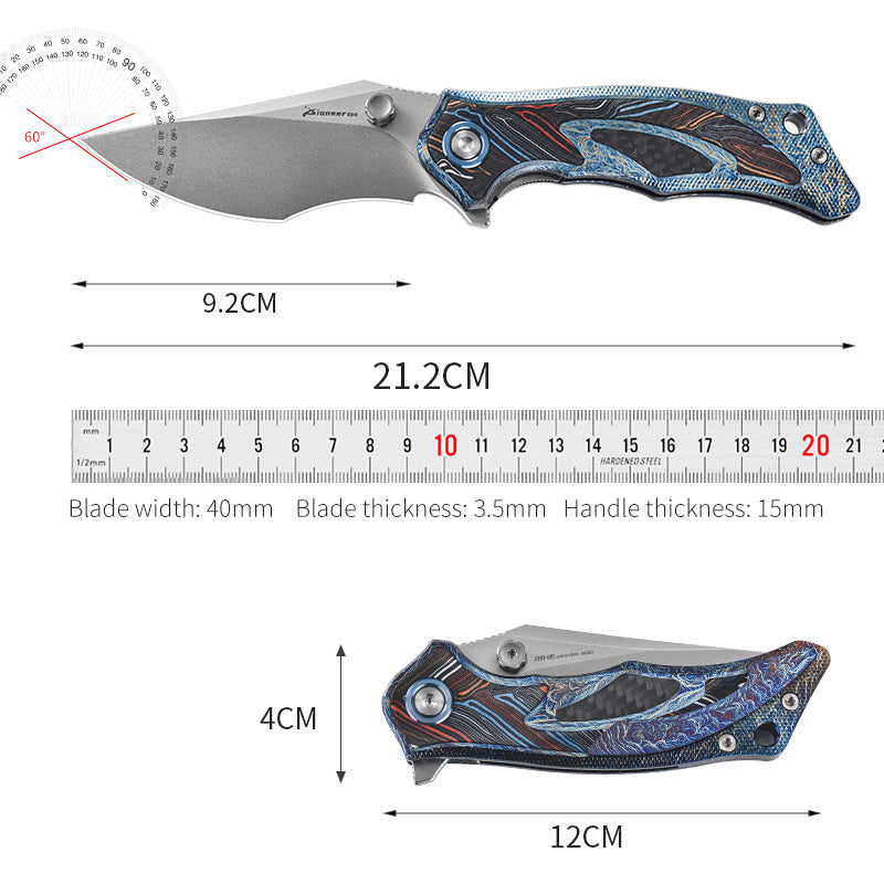 PioneerEDC Luxury Damascus G10 Patten Titanium Pocket Knife Hand Forged Finish Blade Titanium Tactical Knife for Camping