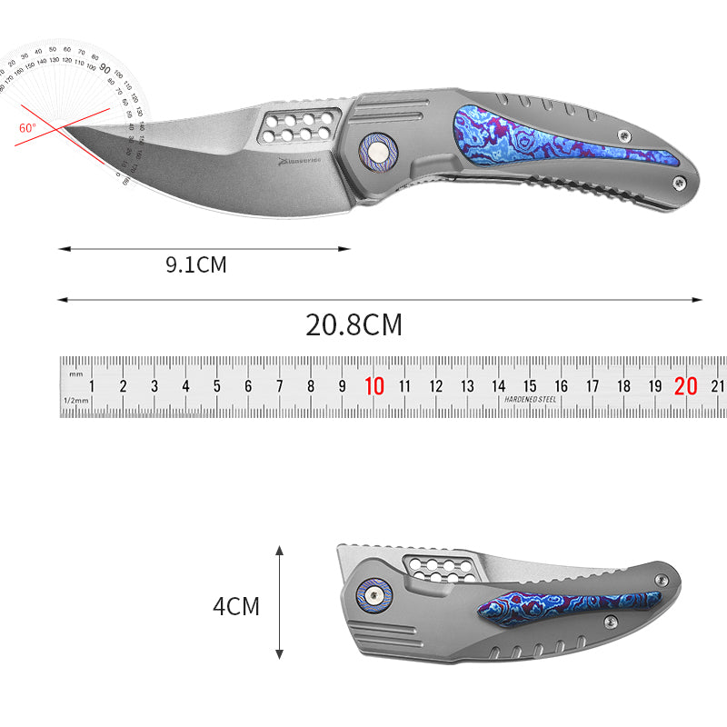 PioneerEDC DIY Titanium Fold Knife M390 Damascus Titanium Handle Outdoor Tactical EDC Pocket Knife