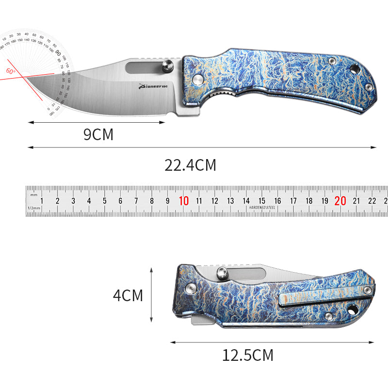PioneerEDC Folding Knife Gr5 Titanium Handle 2026 Titanium Pocket Knife D2 Steel Blade Carving Titanium Professional Knife