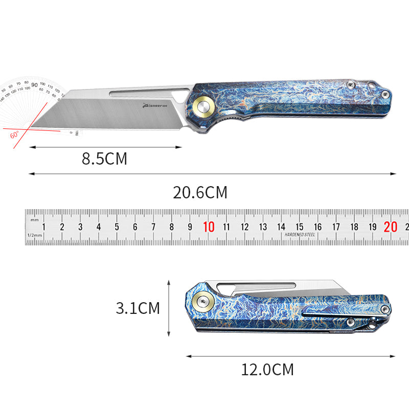 PioneerEDC 2026 Original Design Titanium Pocket Knife Straight Back Titanium Edc Folding Knife D2 Premium Titanium Blue Knife