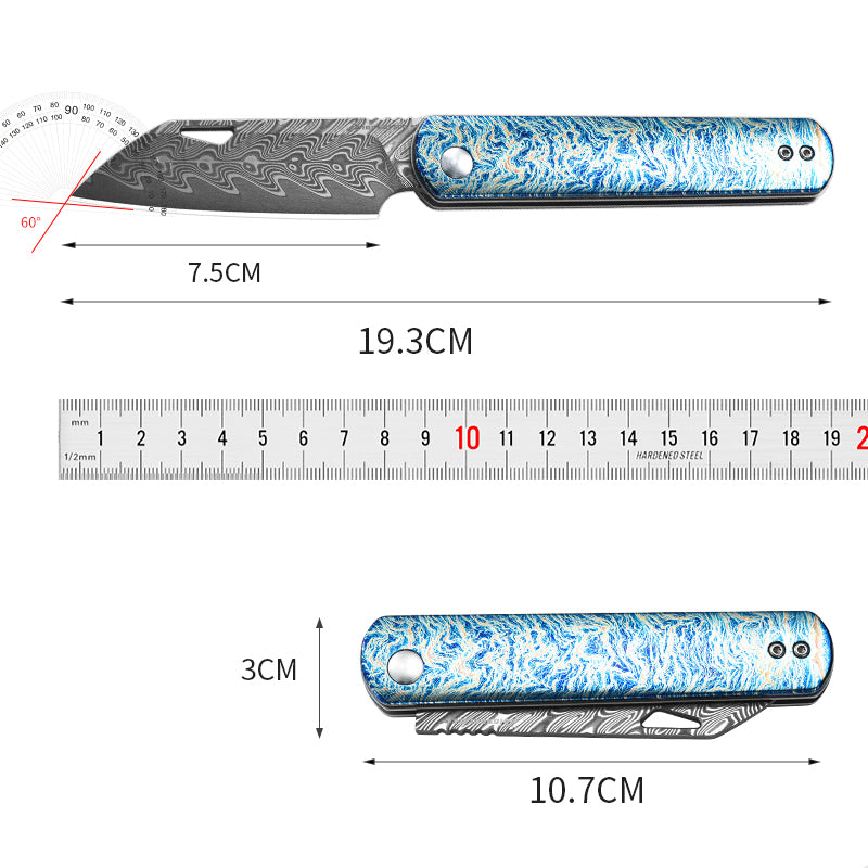 PioneerEDC Folding Knife TC4 Titanium Alloy Damascus Steel Knife Colorful Carving Portable Outdoor Folding Titanium Knives China