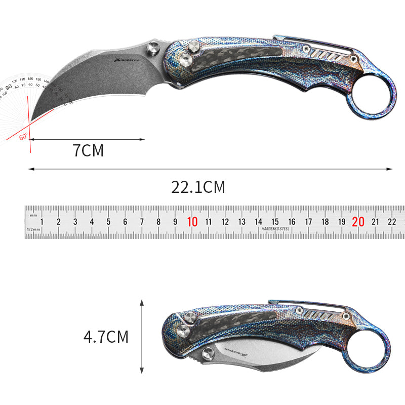 PioneerEDC TC4 Titanium Alloy Camping Folding Knife lighting blue Titanium knife with carbon fiber patch