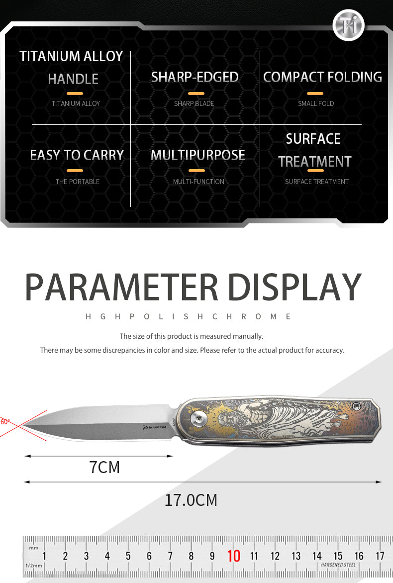 PioneerEDC M390 Blade Pocket Knife Premium TC4 Titanium Folding Knife EDC Tactical Knife for Outdoor Survival