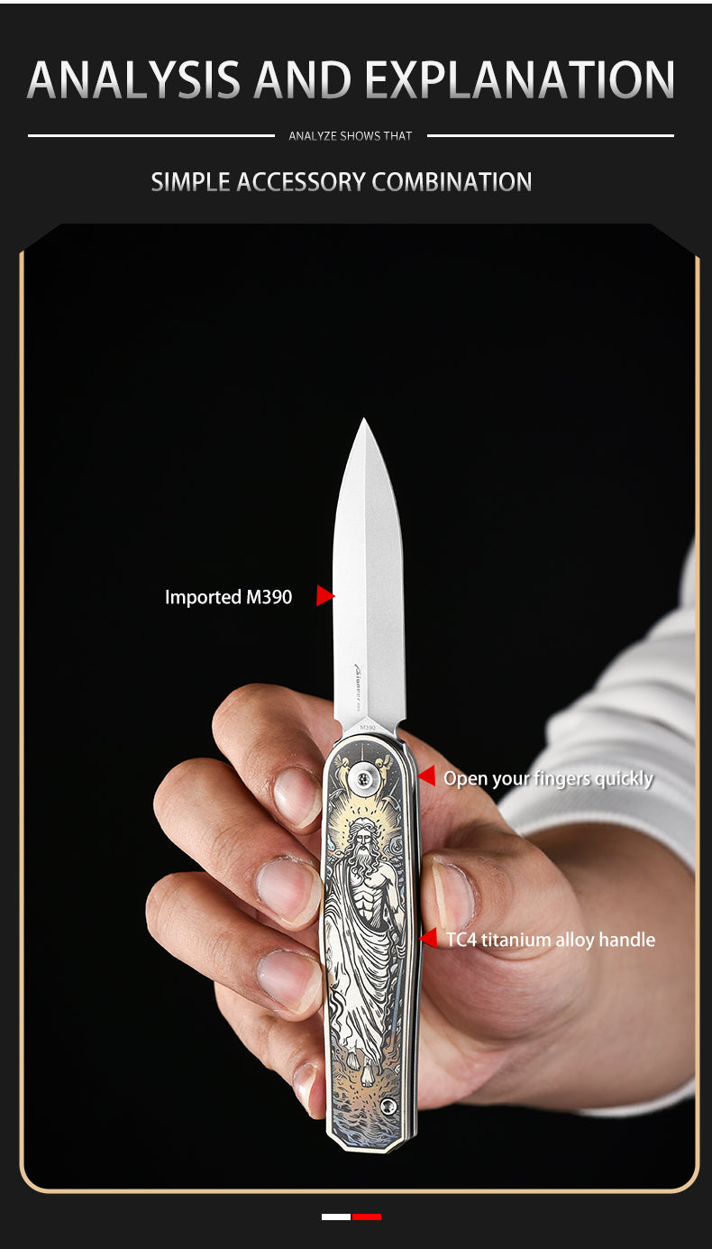 PioneerEDC M390 Blade Pocket Knife Premium TC4 Titanium Folding Knife EDC Tactical Knife for Outdoor Survival