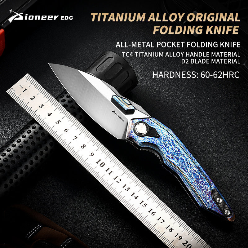 PioneerEDC Titanium Alloy Folding Knife-D2 Steel Blade, Box Cutter Utility Knife for Camping, Hiking & Everyday Carry
