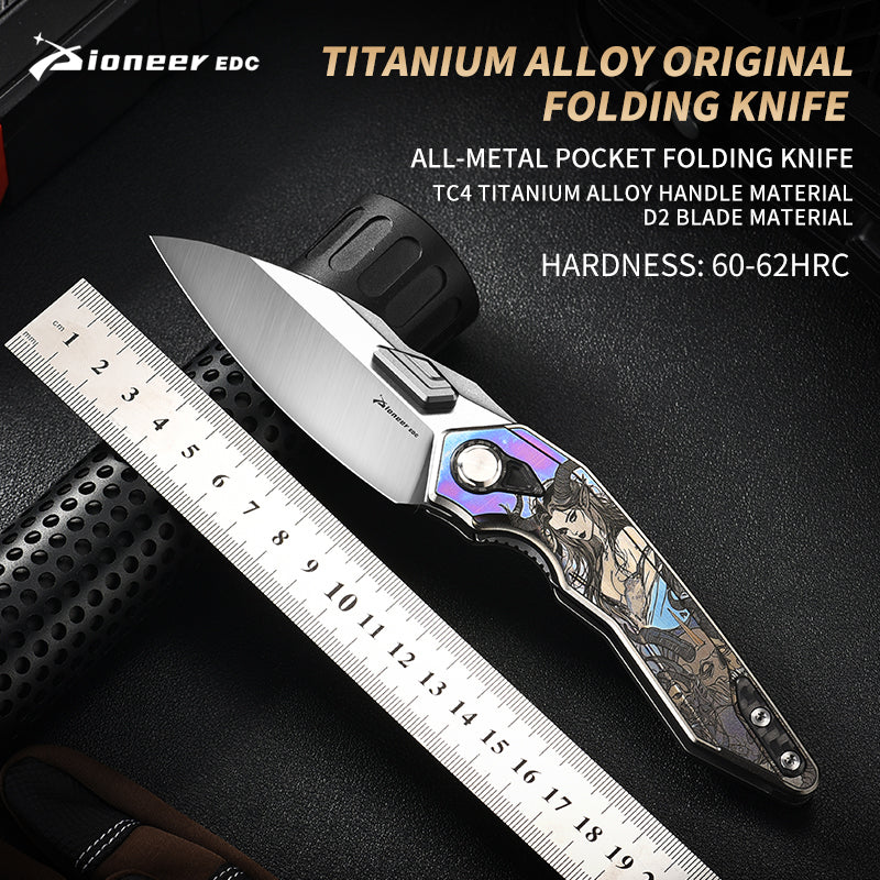 PioneerEDC Titanium Alloy Folding Knife-D2 Steel Blade, Box Cutter Utility Knife for Camping, Hiking & Everyday Carry