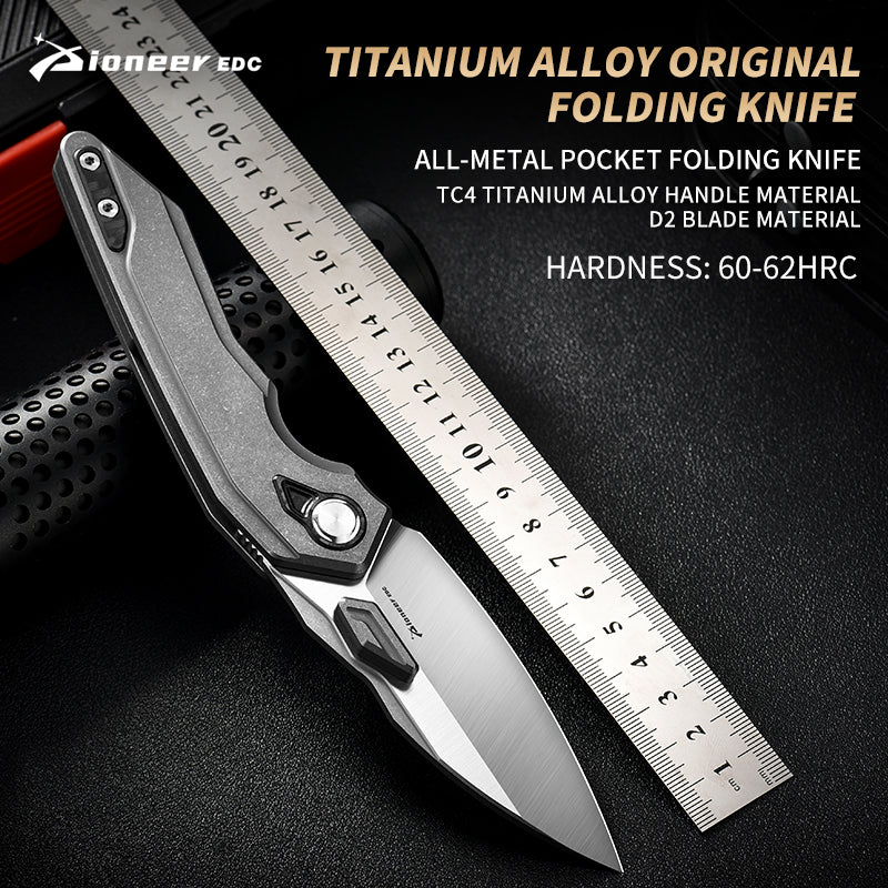 PioneerEDC Titanium Alloy Folding Knife-D2 Steel Blade, Box Cutter Utility Knife for Camping, Hiking & Everyday Carry
