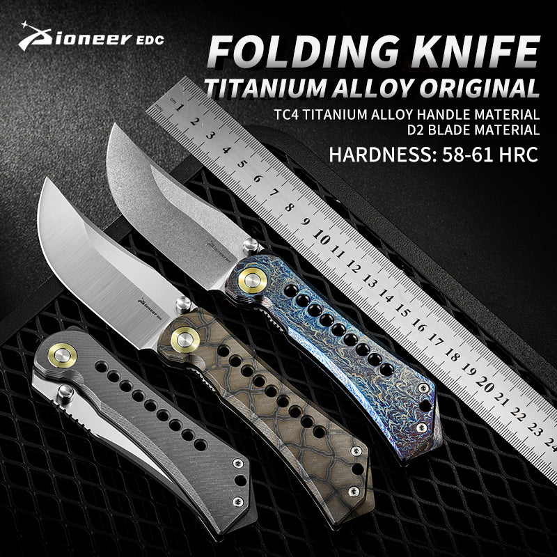PioneerEDC Titanium Alloy Folding Knife Outdoor Multifunctional Cutting D2 Pocket Knife Plain Edge Knife for Self Defense