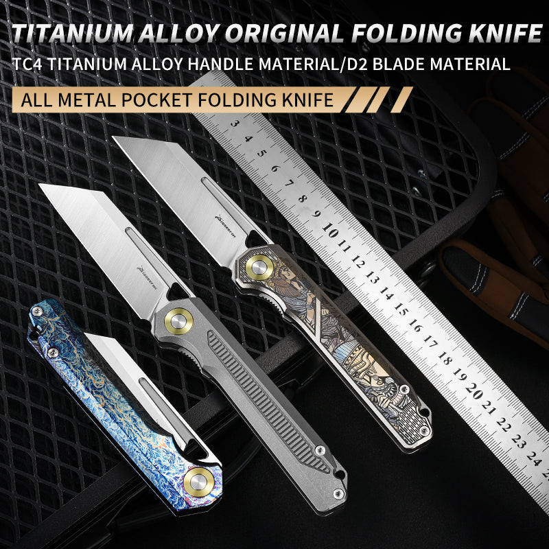 PioneerEDC 2026 Original Design Titanium Pocket Knife Straight Back Titanium Edc Folding Knife D2 Premium Titanium Blue Knife
