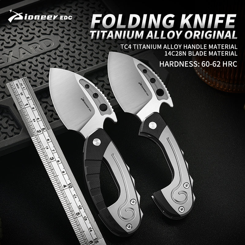 PioneerEDC Tactical Titanium Folding Knife 14C28N Steel Blade Portable Survival Titanium Knife Scales Handles Titanium Edc Knife