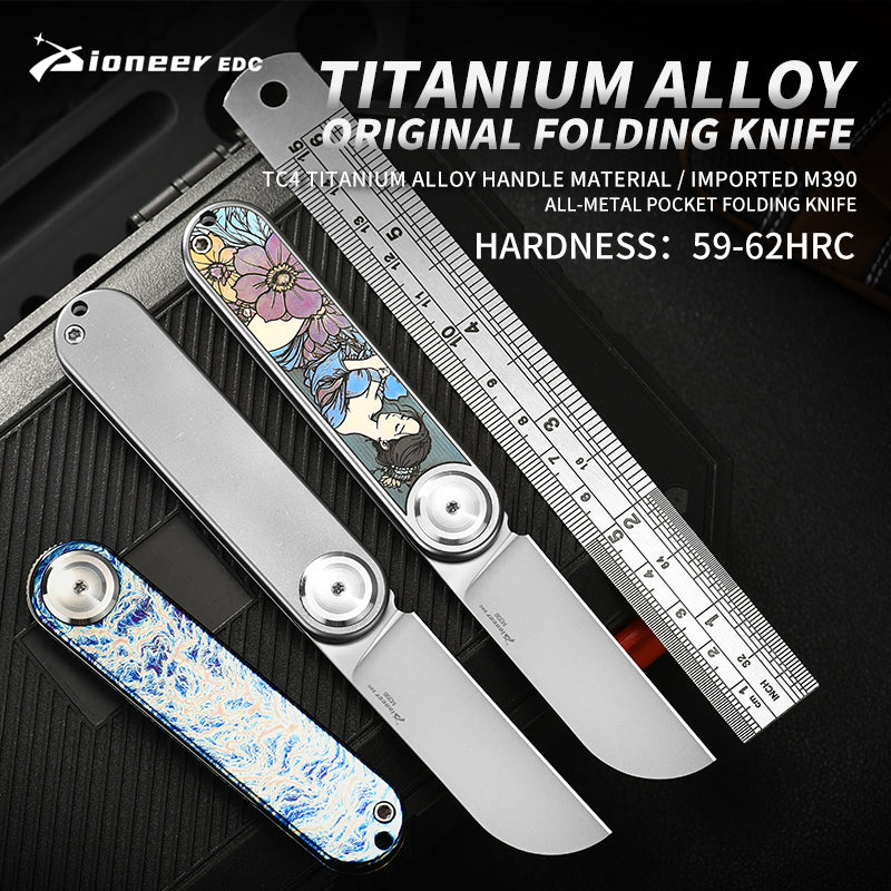 PioneerEDC Titanium Alloy Pocket Knife M390 Blade Folding Knife Pattern Colorful Titanium Carving Pattern Tactical Knife
