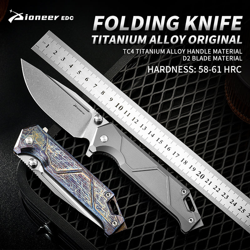 PioneerEDC Titanium Camping Stainless Pocket Knife Premium Folding Knife Plain Edge Self-Defense D2 Steel Folding Knife for Man