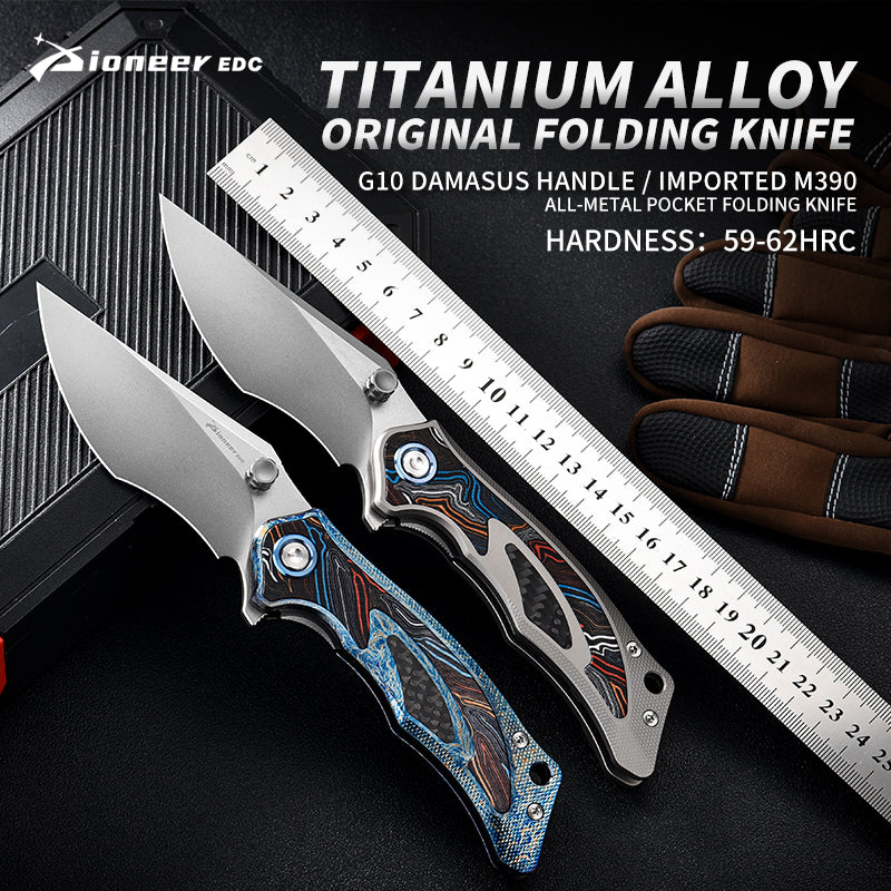 PioneerEDC Luxury Damascus G10 Patten Titanium Pocket Knife Hand Forged Finish Blade Titanium Tactical Knife for Camping