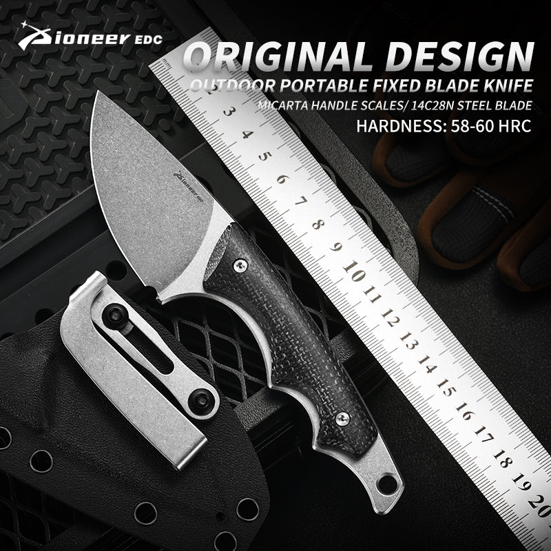 PioneerEDC Fixed Blade Outdoor Hunting Knife Micarta Handle 14C28N Steel with Kydex Sheath for Survival Campaign