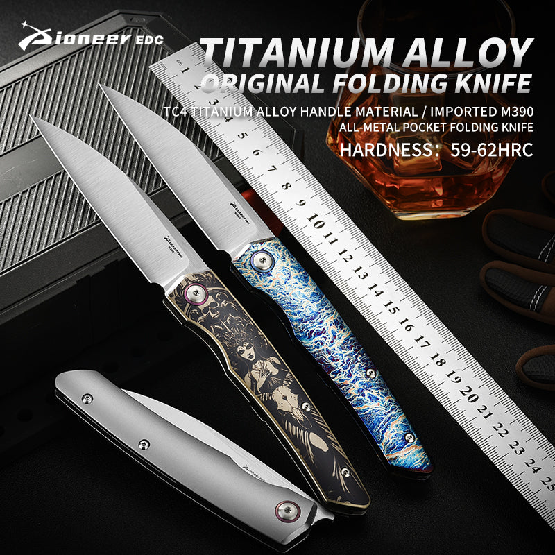 PioneerEDC Titanium Fold Knife M390 Folding Camping Knife Steel Handle Knife Titanium Frame Lock Knife Outdoor Tactical Knife
