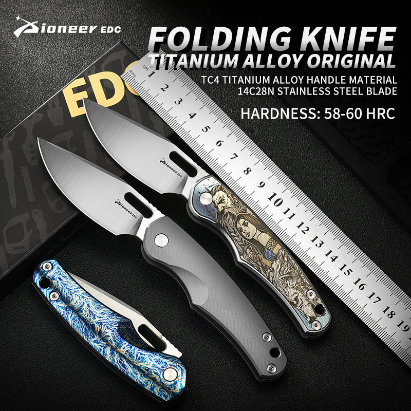 PioneerEDC Titanium Pocket Knife 14C28N Blade Customizable Outdoor Lightweight Camping Titanium Professional Knife Folding Knife