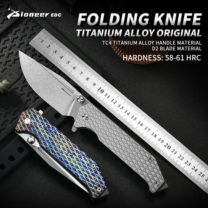 PioneerEDC Titanium Alloy Pocket Knives Folding Knife D2 Steel Blade Multi-Functional Camping Outdoor Self-Defense Knife