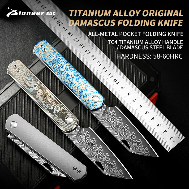 PioneerEDC Folding Knife TC4 Titanium Alloy Damascus Steel Knife Colorful Carving Portable Outdoor Folding Titanium Knives China