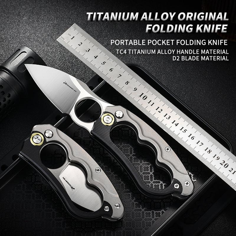 PioneerEDC Original Design Titanium Folding Knife Handmade Engraving Handle Titanium Edc Pocket Knife for Self Defense