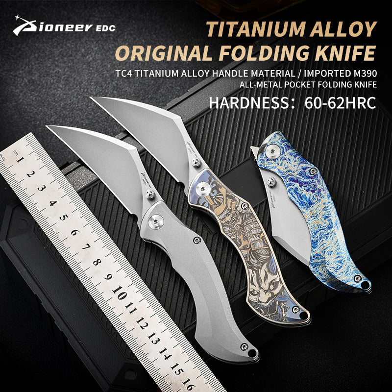 PioneerEDC Titanium Alloy M390 Folding Knife Color-Engraved Portable Outdoor Small Knife Stainless Steel Survival Knife