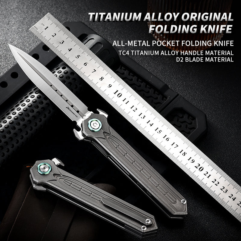PioneerEDC Tactical Titanium Folding Knife-D2 Steel Blade Stone Wash EDC Pocket Knife 3-Year Warranty