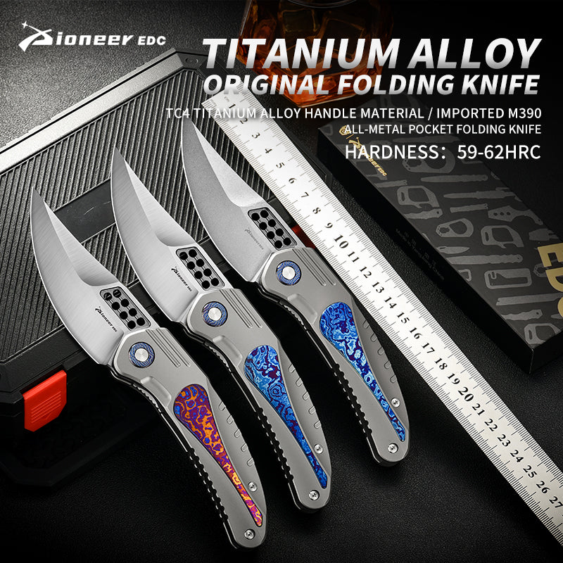 PioneerEDC DIY Titanium Fold Knife M390 Damascus Titanium Handle Outdoor Tactical EDC Pocket Knife