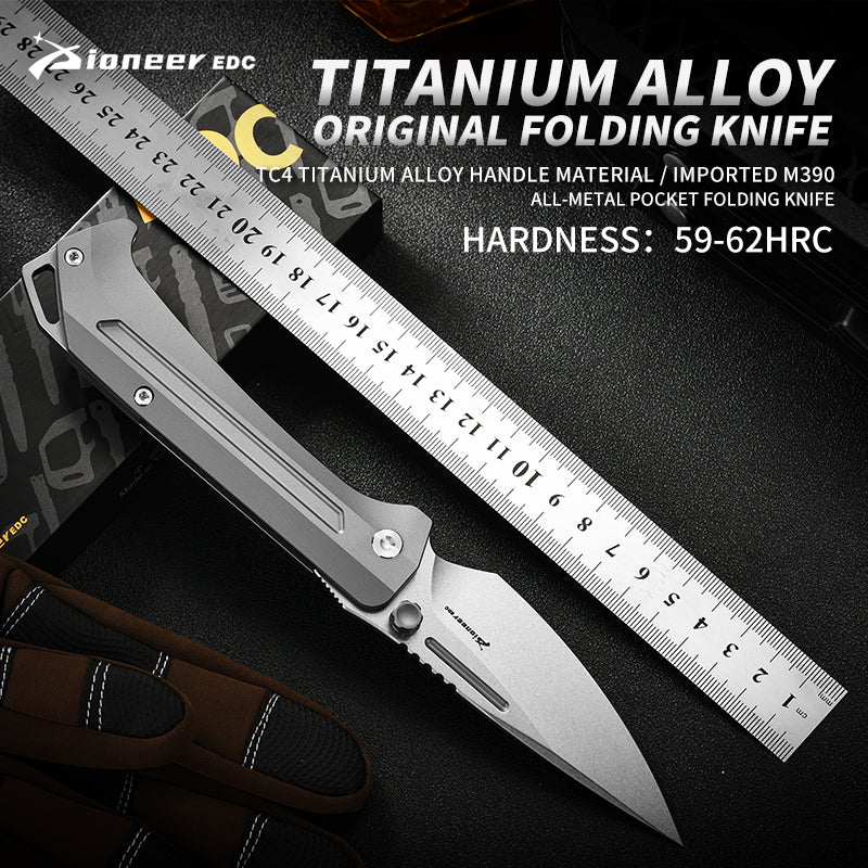 PioneerEDC Titanium Outdoor Folding Pocket Knife M390 Plain Edge Titanium Alloy Handle Self Defence Hunting Knife Men's Knife