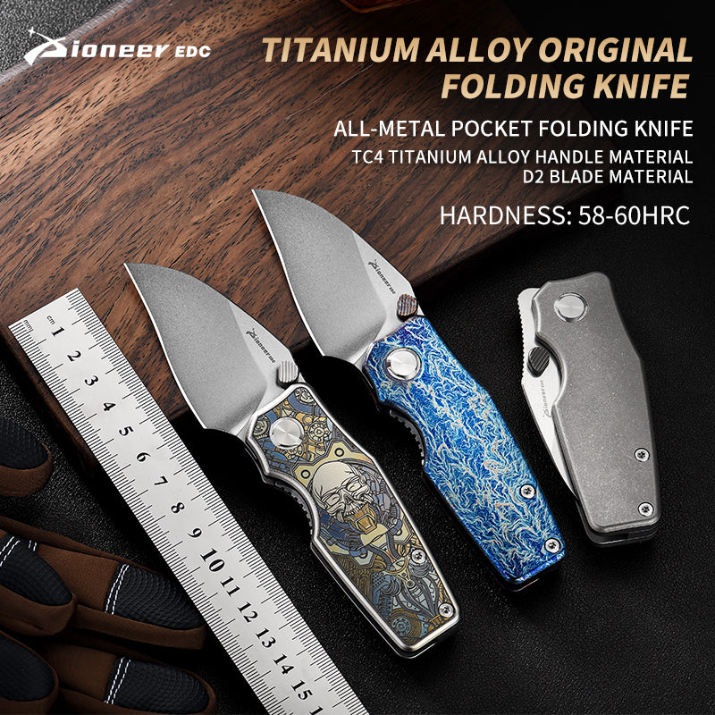 PioneerEDC TC4 Titanium Alloy Camping Folding Knife with D2 Clip Point Blade Small Tactical Pocket Knife