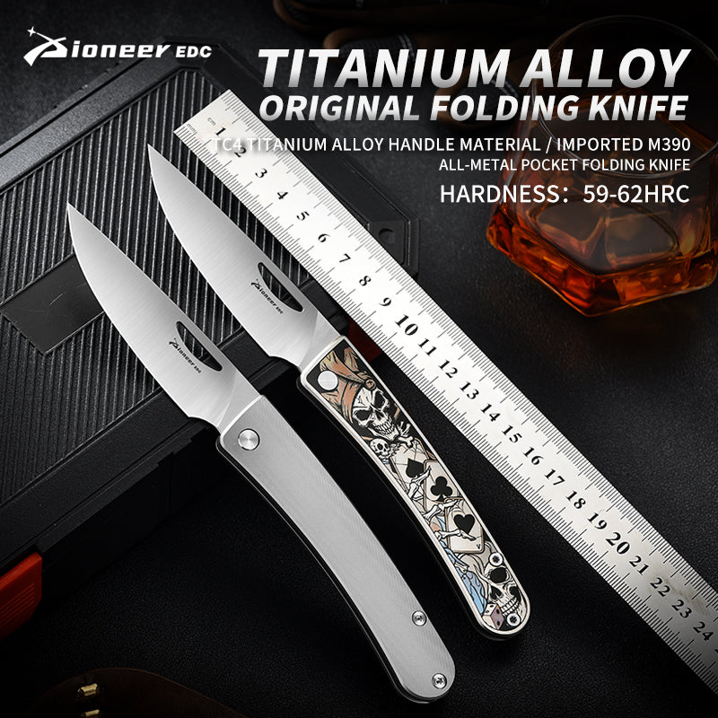 PioneerEDC Hand-Engraved titanium pocket knife M390 Blade camping folding knife outdoor portable edc collection tool for play