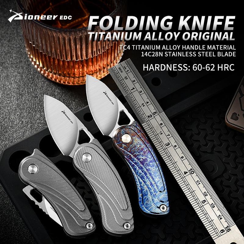 PioneerEDC Tactical Titanium Folding Knife-14C28N Steel Blade Portable Survival Knife for Camping Adventure Self-Defense