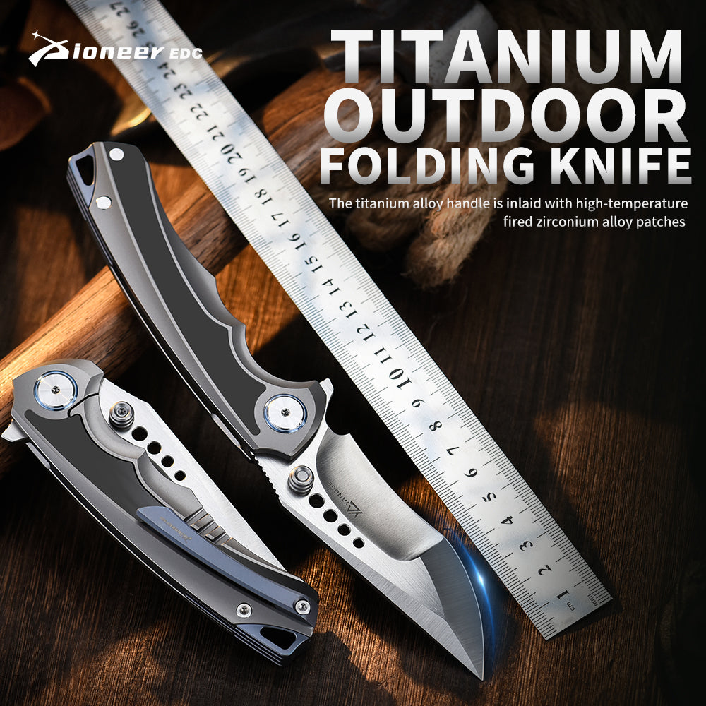 PioneerEDC Titanium Folding Knife Handmade Framelock Titanium Handle Knife Elmax Flipper Knife Titanium with Zirconium Patch