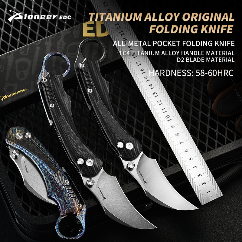 PioneerEDC TC4 Titanium Alloy Camping Folding Knife lighting blue Titanium knife with carbon fiber patch