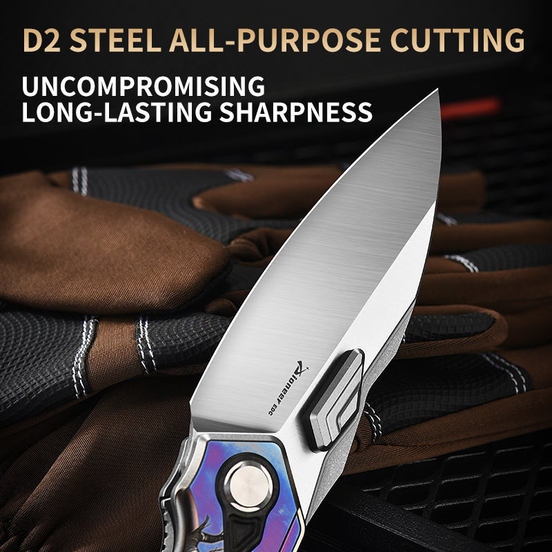 PioneerEDC Titanium Alloy Folding Knife-D2 Steel Blade, Box Cutter Utility Knife for Camping, Hiking & Everyday Carry