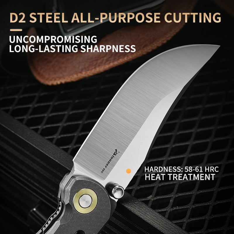 PioneerEDC Titanium Alloy Folding Knife Outdoor Multifunctional Cutting D2 Pocket Knife Plain Edge Knife for Self Defense