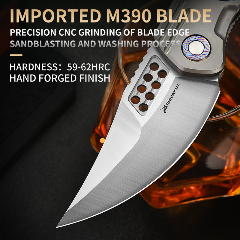 PioneerEDC DIY Titanium Fold Knife M390 Damascus Titanium Handle Outdoor Tactical EDC Pocket Knife
