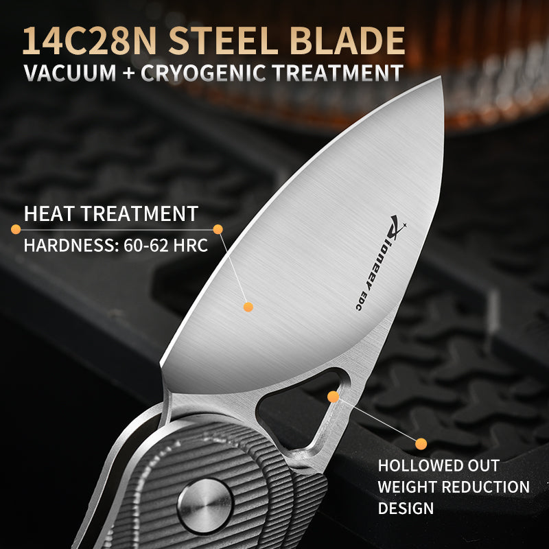 PioneerEDC Tactical Titanium Folding Knife-14C28N Steel Blade Portable Survival Knife for Camping Adventure Self-Defense