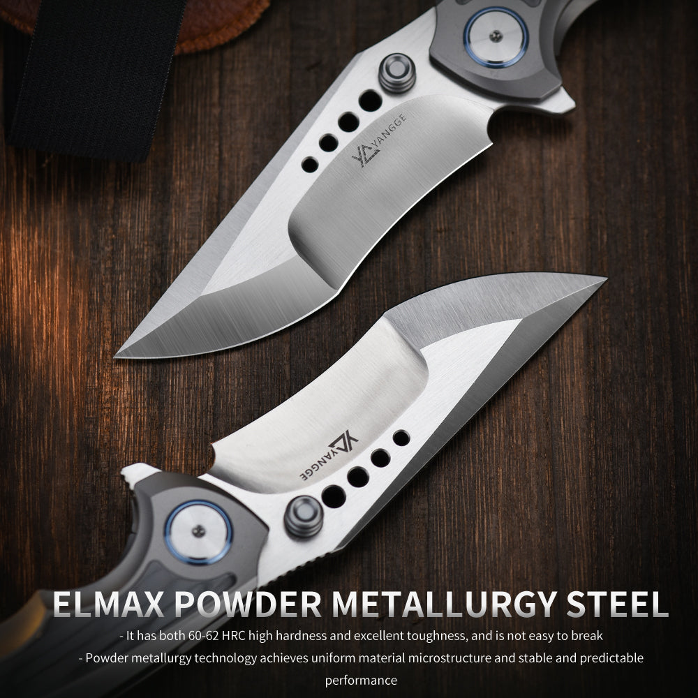 PioneerEDC Titanium Folding Knife Handmade Framelock Titanium Handle Knife Elmax Flipper Knife Titanium with Zirconium Patch