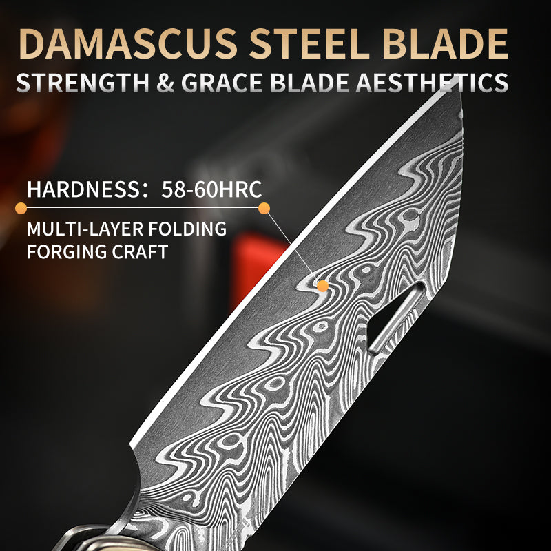 PioneerEDC Folding Knife TC4 Titanium Alloy Damascus Steel Knife Colorful Carving Portable Outdoor Folding Titanium Knives China
