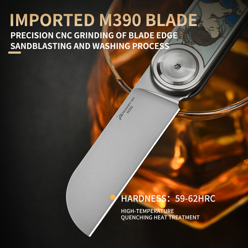 PioneerEDC Titanium Alloy Pocket Knife M390 Blade Folding Knife Pattern Colorful Titanium Carving Pattern Tactical Knife