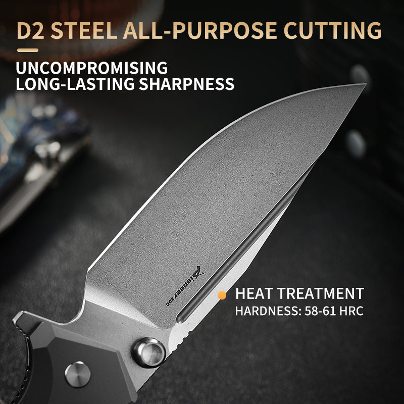 PioneerEDC Titanium Camping Stainless Pocket Knife Premium Folding Knife Plain Edge Self-Defense D2 Steel Folding Knife for Man