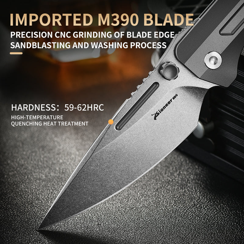 PioneerEDC Titanium Outdoor Folding Pocket Knife M390 Plain Edge Titanium Alloy Handle Self Defence Hunting Knife Men's Knife