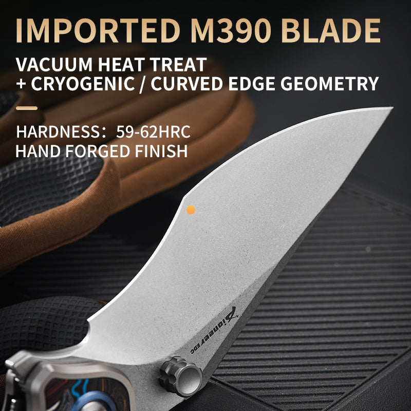 PioneerEDC Luxury Damascus G10 Patten Titanium Pocket Knife Hand Forged Finish Blade Titanium Tactical Knife for Camping
