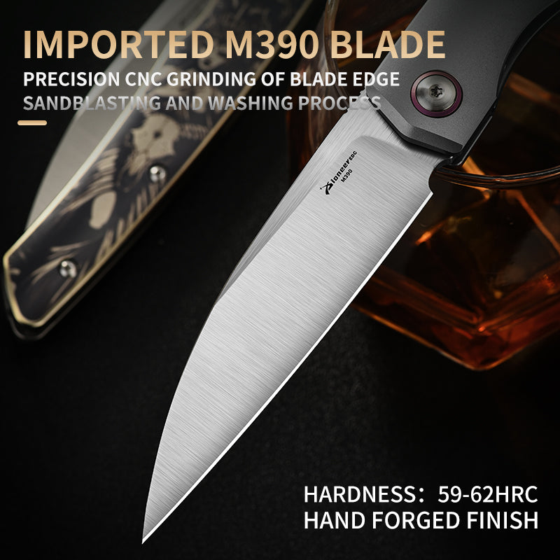 PioneerEDC Titanium Fold Knife M390 Folding Camping Knife Steel Handle Knife Titanium Frame Lock Knife Outdoor Tactical Knife