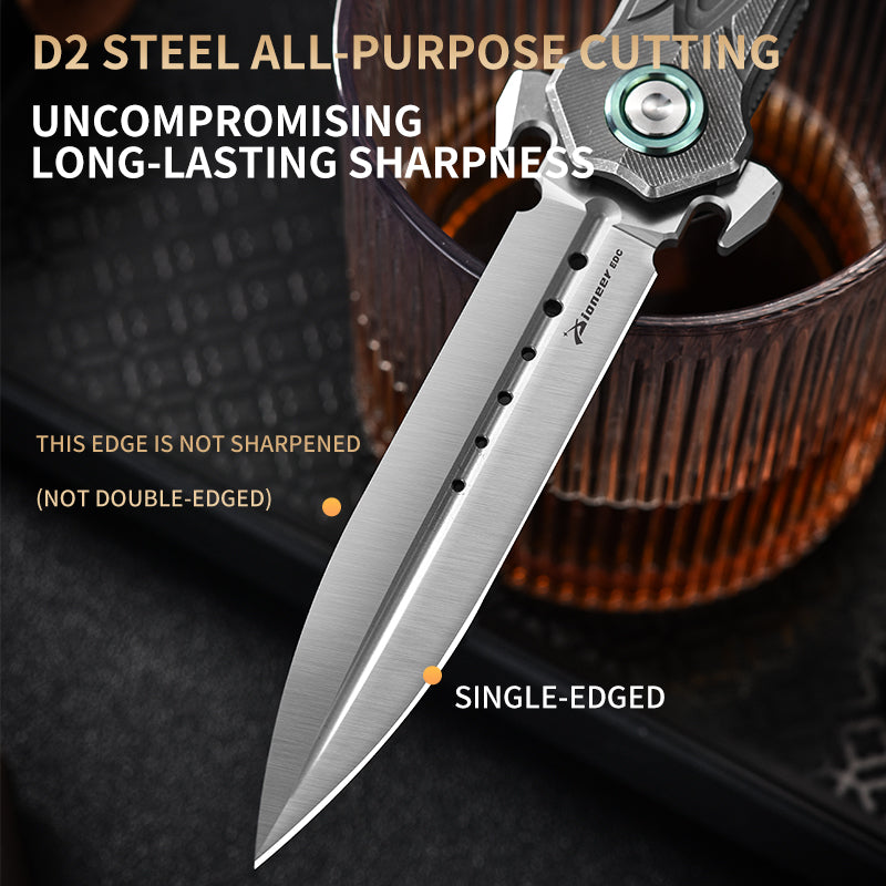 PioneerEDC Tactical Titanium Folding Knife-D2 Steel Blade Stone Wash EDC Pocket Knife 3-Year Warranty