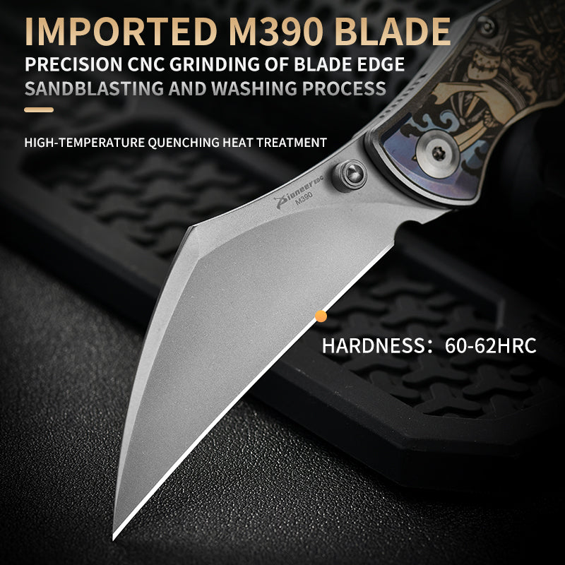 PioneerEDC Titanium Alloy M390 Folding Knife Color-Engraved Portable Outdoor Small Knife Stainless Steel Survival Knife